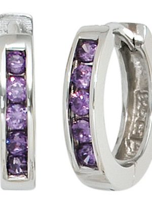 SIGO Creolen rund 925 Sterling Silber 10 Zirkonia lila violett Ohrringe Silbercreolen