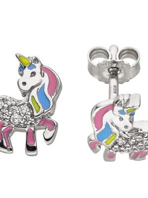 SIGO Kinder Ohrstecker Einhorn 925 Silber 14 Zirkonia Ohrringe Kinderohrringe