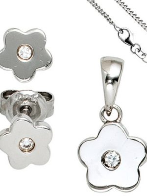 SIGO Kinder Schmuck-Set Blume 925 Silber mit Zirkonia Anhänger Ohrringe Kette 42 cm