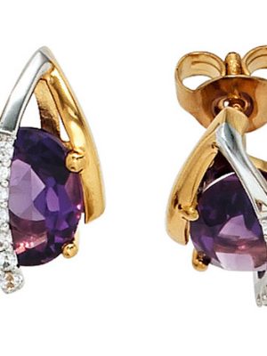 SIGO Ohrstecker 585 Gelbgold Weißgold 14 Diamanten 2 Amethyste lila violett Ohrringe