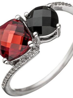 SIGO Damen Ring 585 Gold Weißgold 24 Diamanten Brillanten 1 Granat rot 1 Onyx