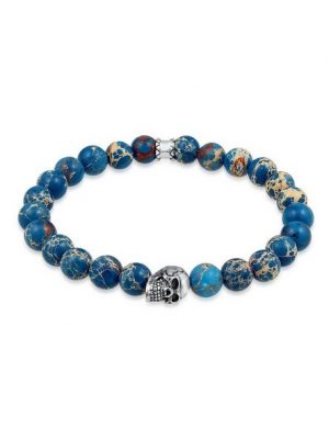 Kuzzoi Armband "Herren Blauer Achat Stein mit Totenkopf Silber"