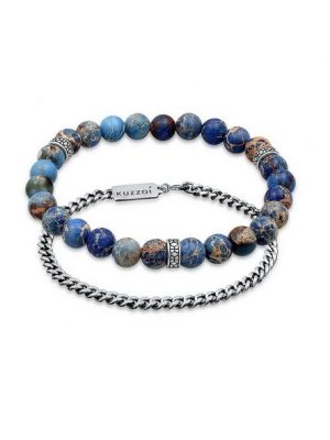 Kuzzoi Bead-Armband-Set "Herren Achat Blau Panzerkette 2er Set 925 Silber"