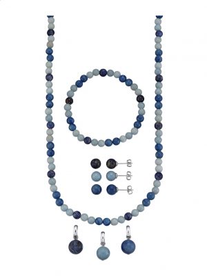 8tlg. Schmuck-Set aus blauen Sodalith-, Quarz- und Angelitkugeln Blau